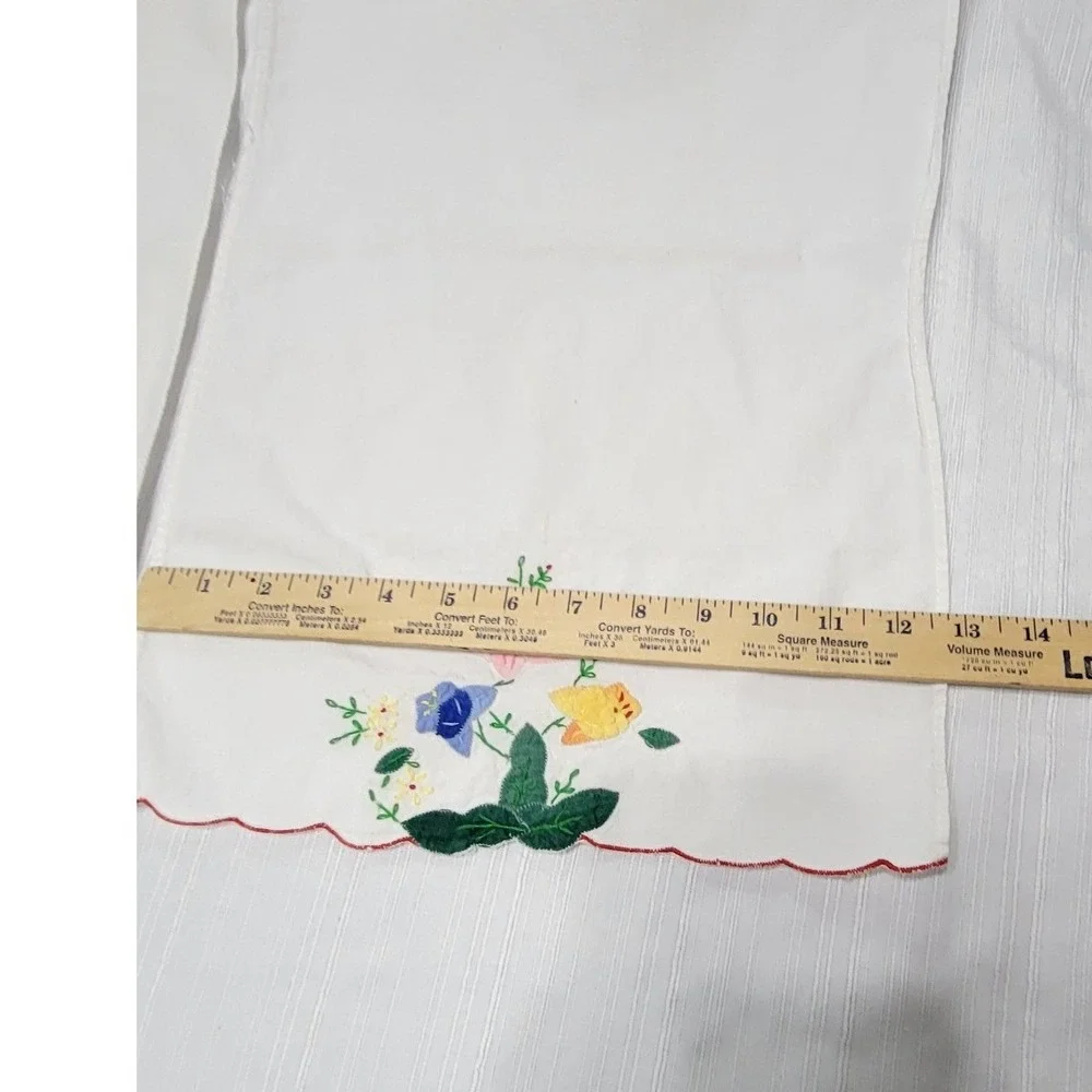 2 Vintage Hand Embroidered Floral Applique Scallop Edge Cotton Dish towels